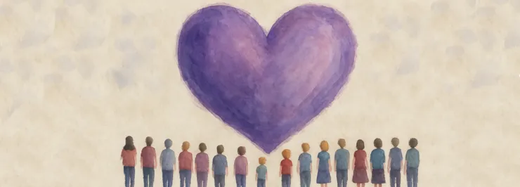 Illustraded people looking at a purple heart