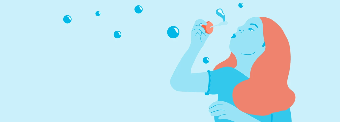 Illustration i blått och orange på en flicka som blåser såpbubblor