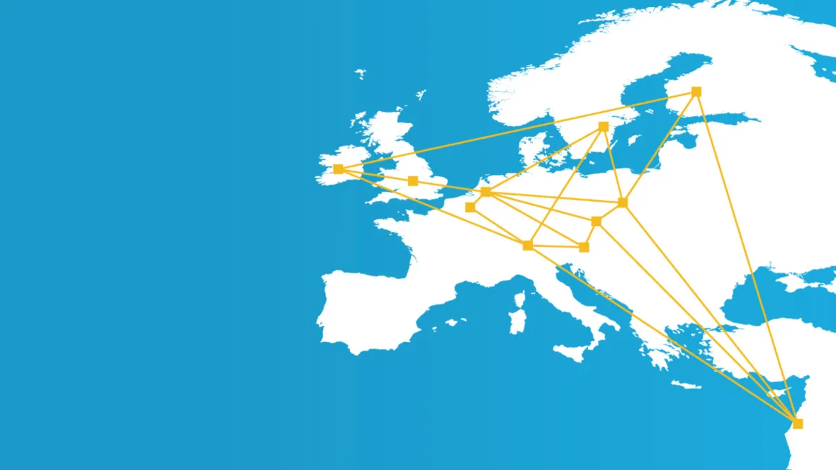 Karta över Europa och illustration som visar ett nätverk.