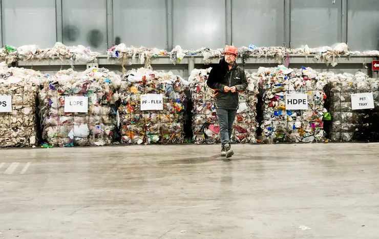 A person in a large sorting facility. 