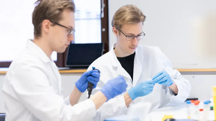 Två män i labbrockar och blå skyddshandskar plockar med provrör på ett bord.