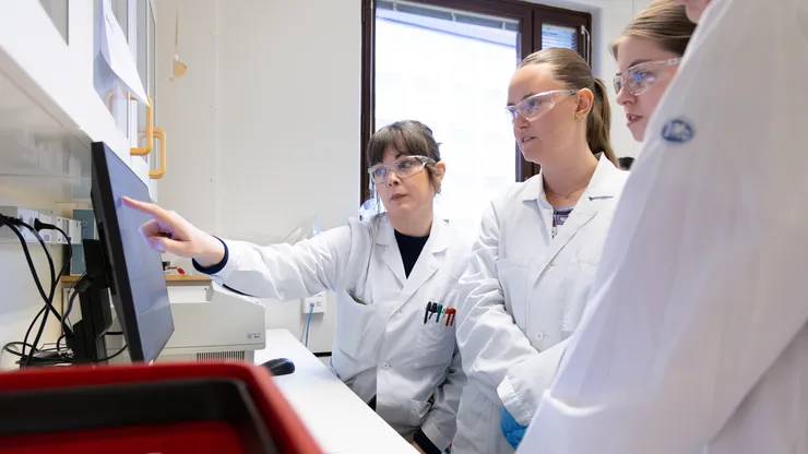 Fyra personer i labbrockar och skyddsglasögon tittar på en datorskärm.