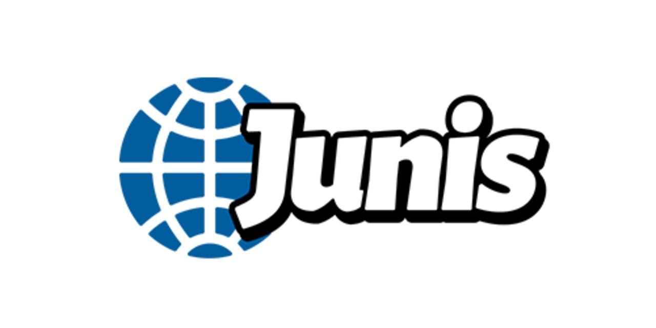 En svartvit och blå logotyp med texten junis samt en jordglob på sidan