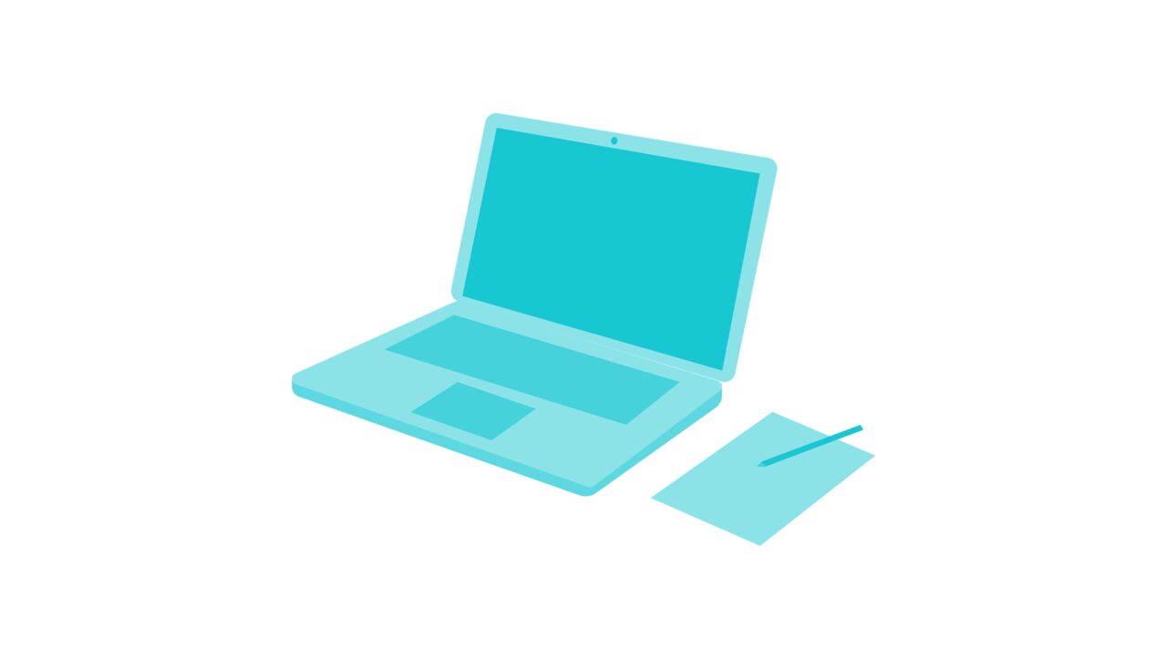 En blå grön illustration av en dator, ett papper med penna på