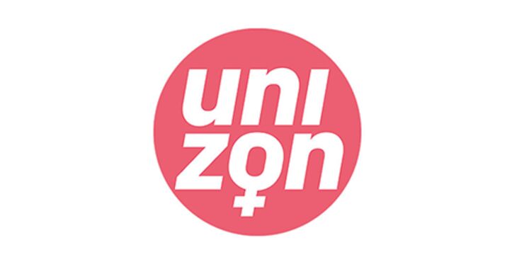 En röd logga med texten Unizon med vit text
