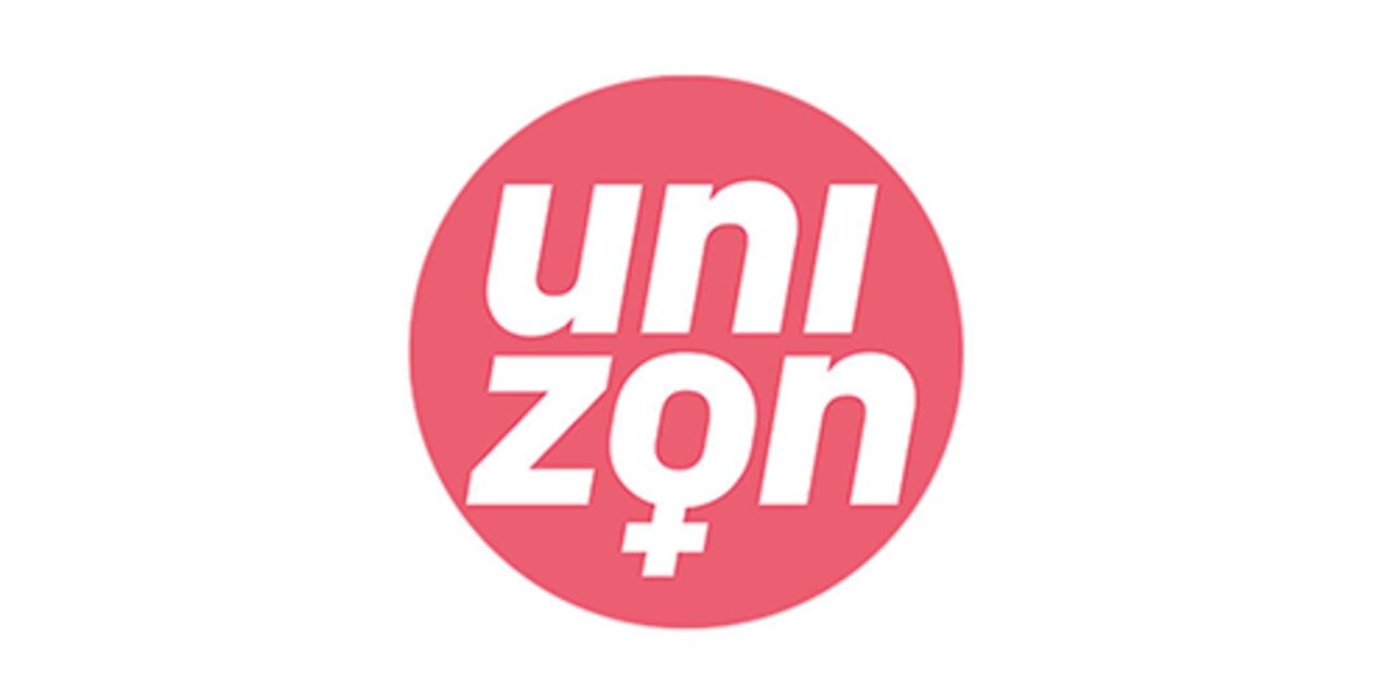 En röd logga med texten Unizon med vit text