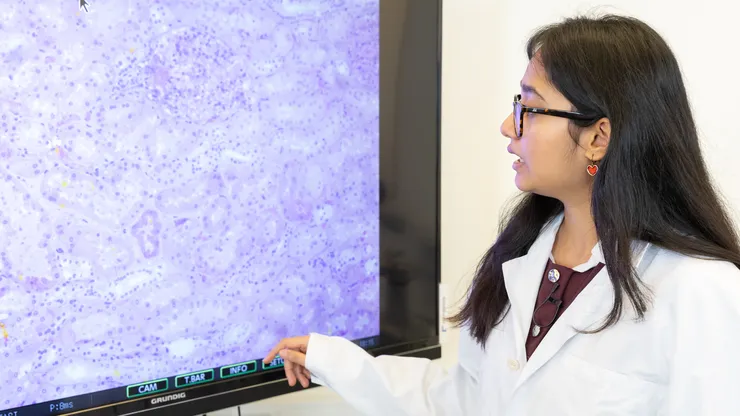 Ung kvinna i labbrock står framför tv-skärm som visar en frisk njures cellstruktur.