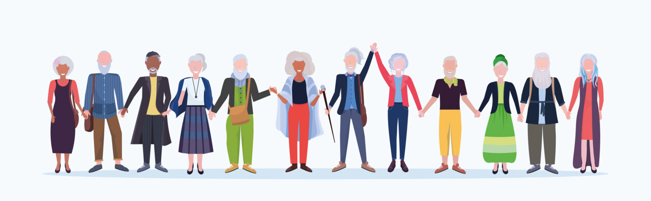 Illustration of older people that are holding hands.
