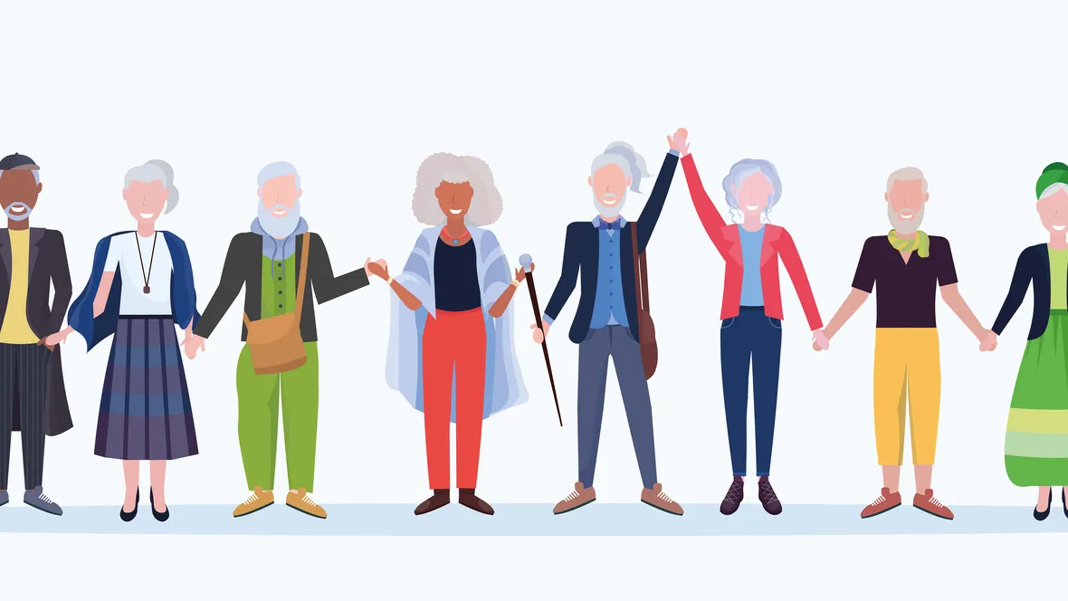 Illustration över äldre människor som håller varandra i handen.