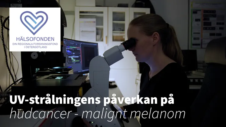 Kvinna tittar i mikroskop. Text: UV-strålningens påverkan på hudcancer - malignt melanom