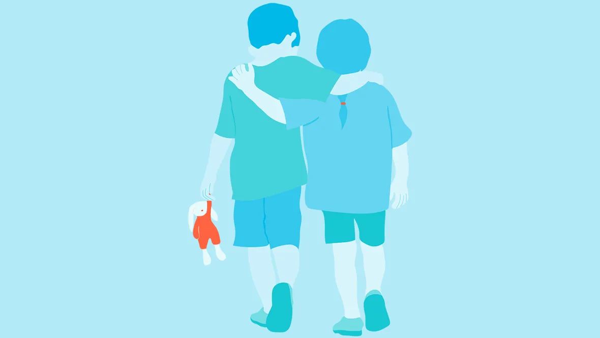 illustration av två barn sett bakifrån, en håller i en gosedjurskanin