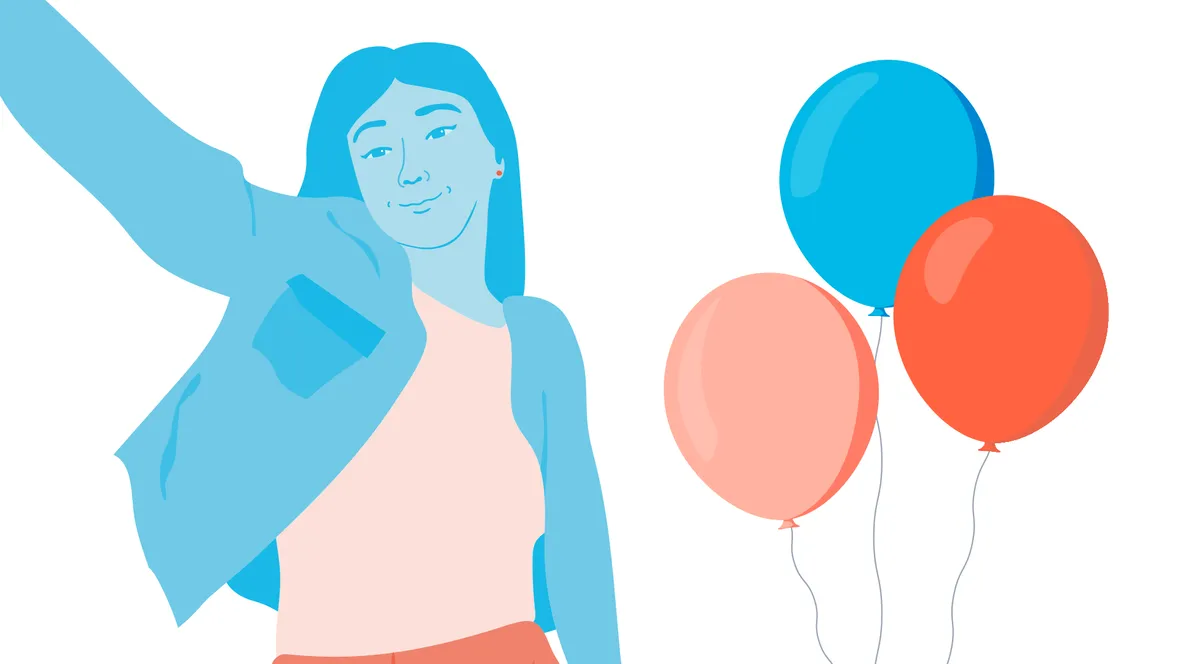 En illustration av en kvinna i blått som håller upp sin hand, vid sidan syns tre ballonger