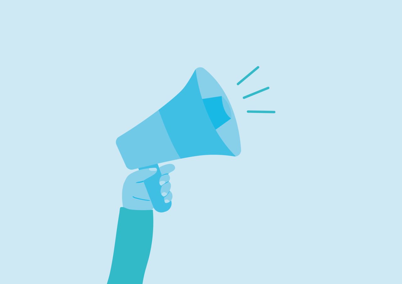 Illustration av en hand som håller i en megafon.