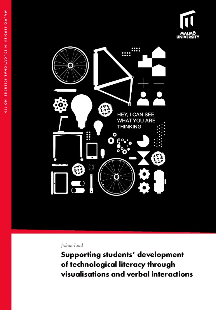 Omslag med svart bakgrund med vita tekniska artefakter.