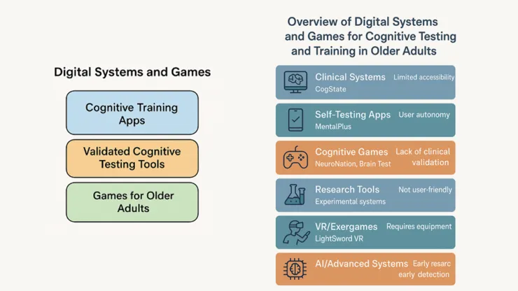 Kollage av digitala system och spel för kognitiv testning och träning hos äldre.