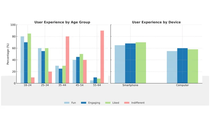 Två stapeldiagram som visar användarupplevelse för det gamifierade Mini-Cog-testet, uppdelat efter åldersgrupp och enhet.