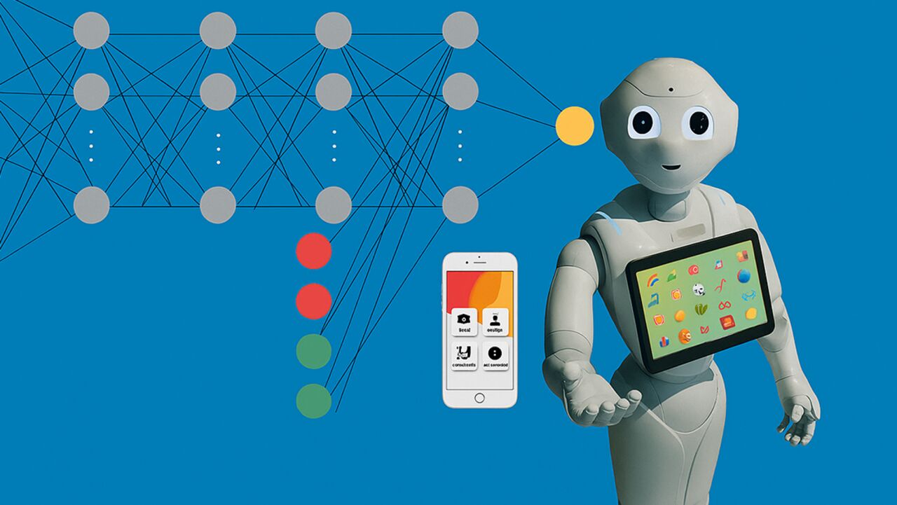 Robot med surfplatta bredvid neuralt nätverk och appgränssnitt – symboliserar neuroinformatik.