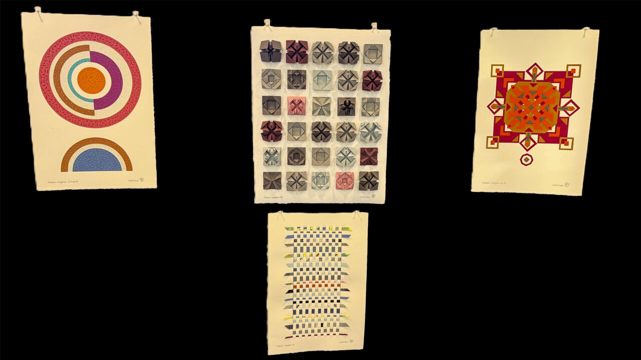 Konstverk med geometriska figurer i olika färger.