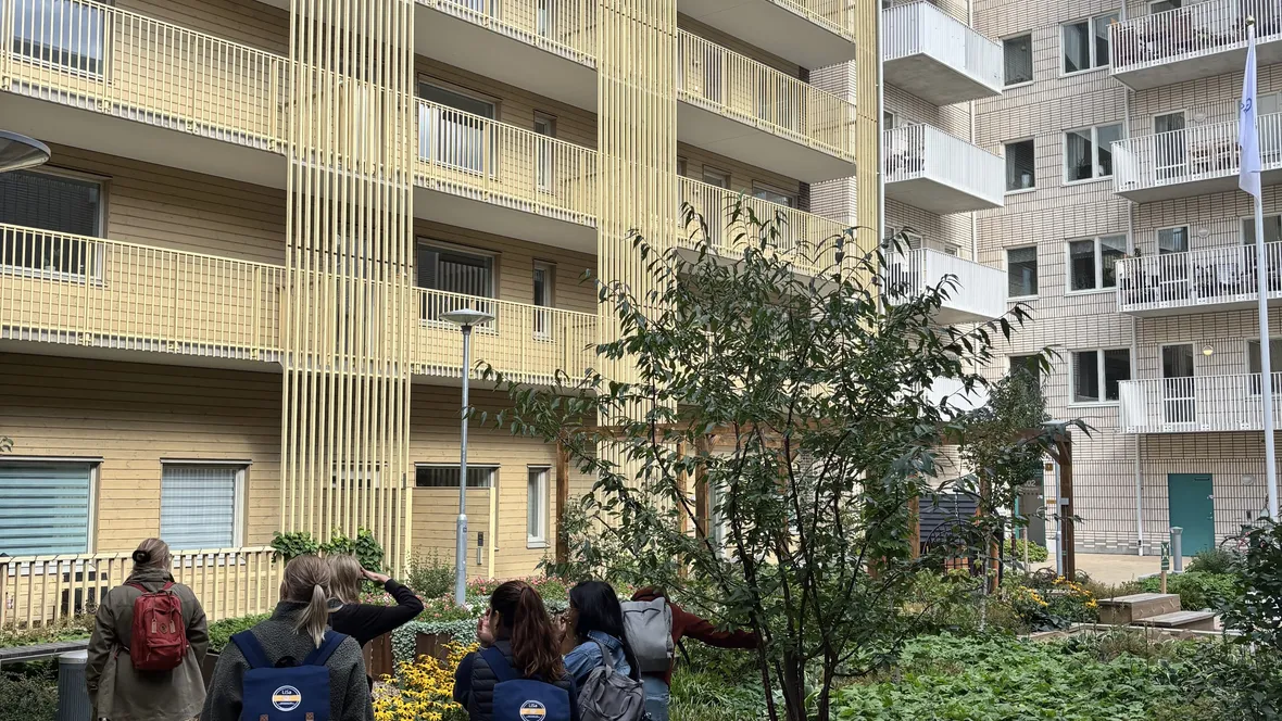 A group of people are standing and looking at tall buildings.