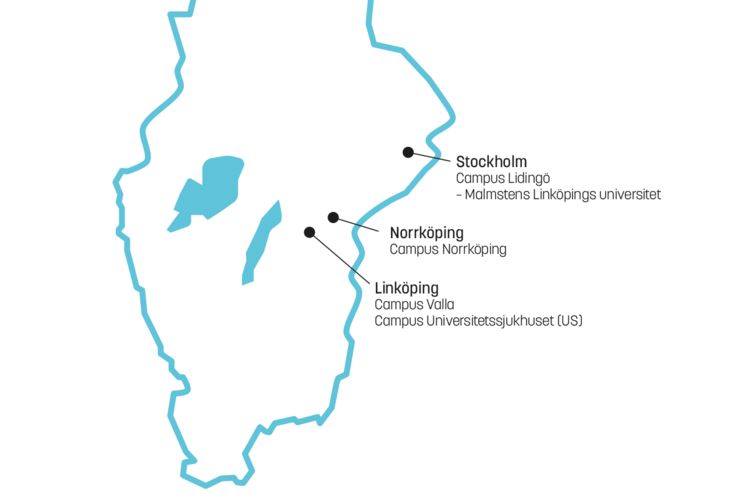 Karta över Sverige med campus i Linköping, Norrköping och Stockholm markerade.