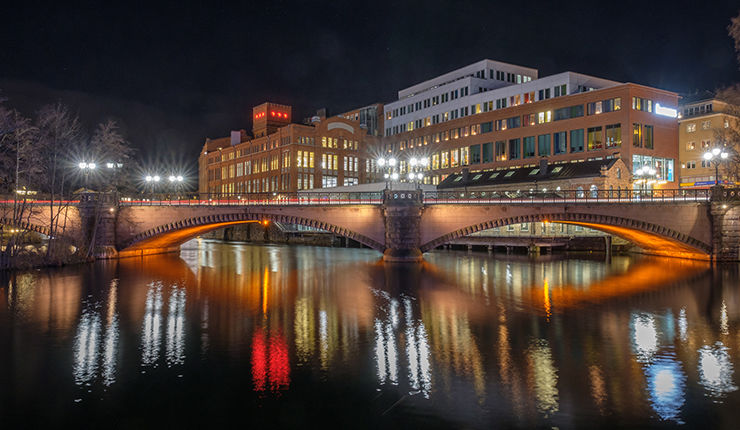 Norrkoping, Sweden - December 8, 2016:  Christmas atmosphere in the unique industrial landscape in the city center of Norrkoping.  Norrkoping is a historic industrial town in Sweden