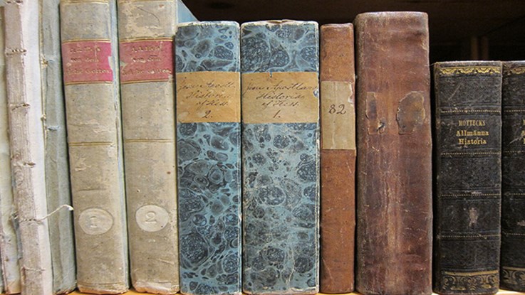 Äldre böcker som står på en hylla.