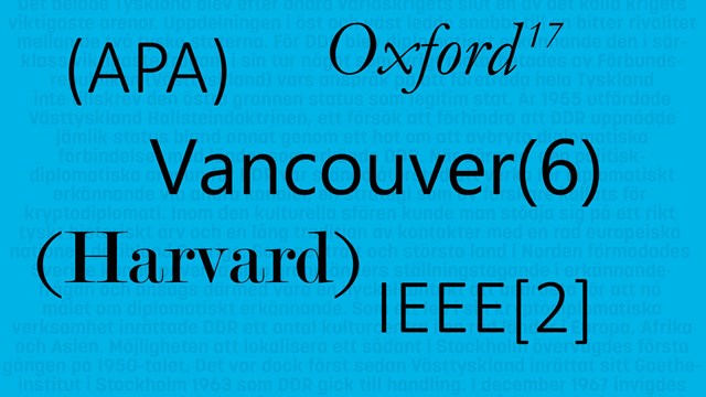 Namnen på olika referensformat, till exempel APA, Oxford och Vancouver, mot en text som bakgrund.
