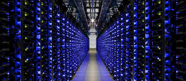 A corridor with computer servers.