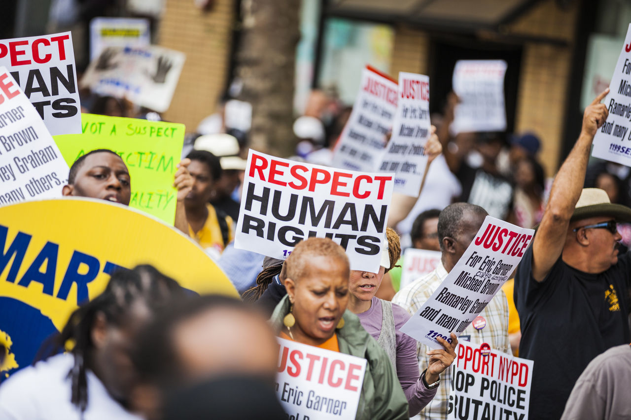 New York, New York, United States - August 23, 2014: Thousands of people protest against NYPD in Staten Island Over Eric Garnerâ€™s Death.