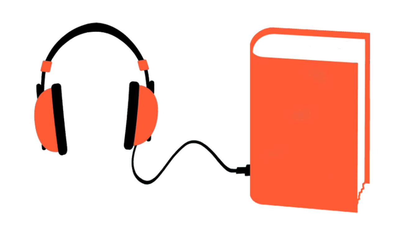 A book conntected to a pair of earphones.