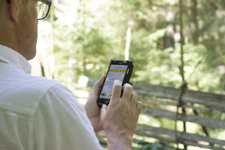 En man sitter på en bänk i skogen och surfar på mobiltelefon