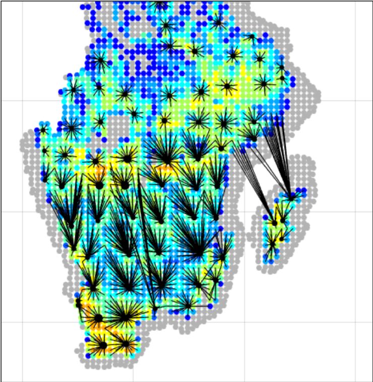 The image shows the theoretical transportation of digested manure to crop land areas based on nutrient needs in the South of Sweden