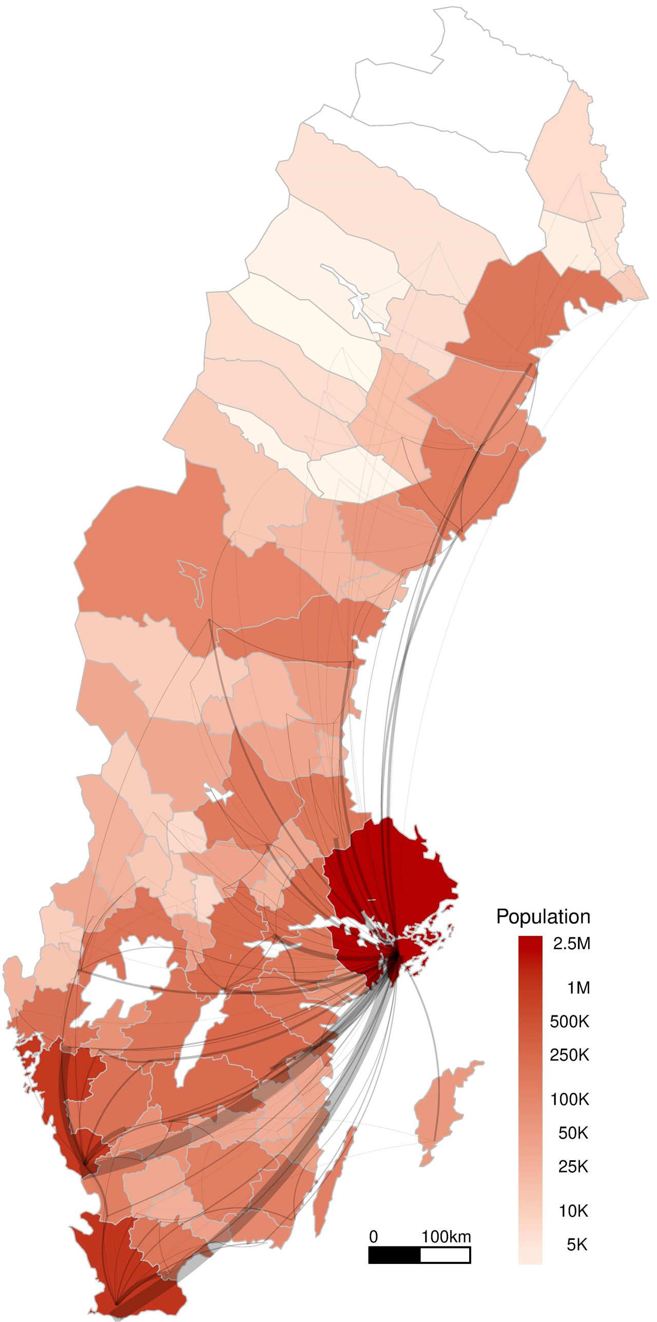 migrationsflöden från mindre till större arbetsmarknader år 2012.