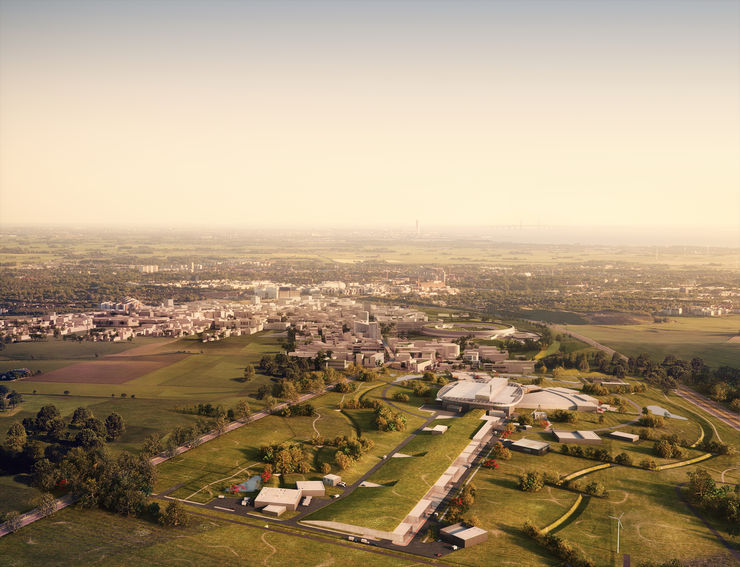 Buildings in a field, seen from above