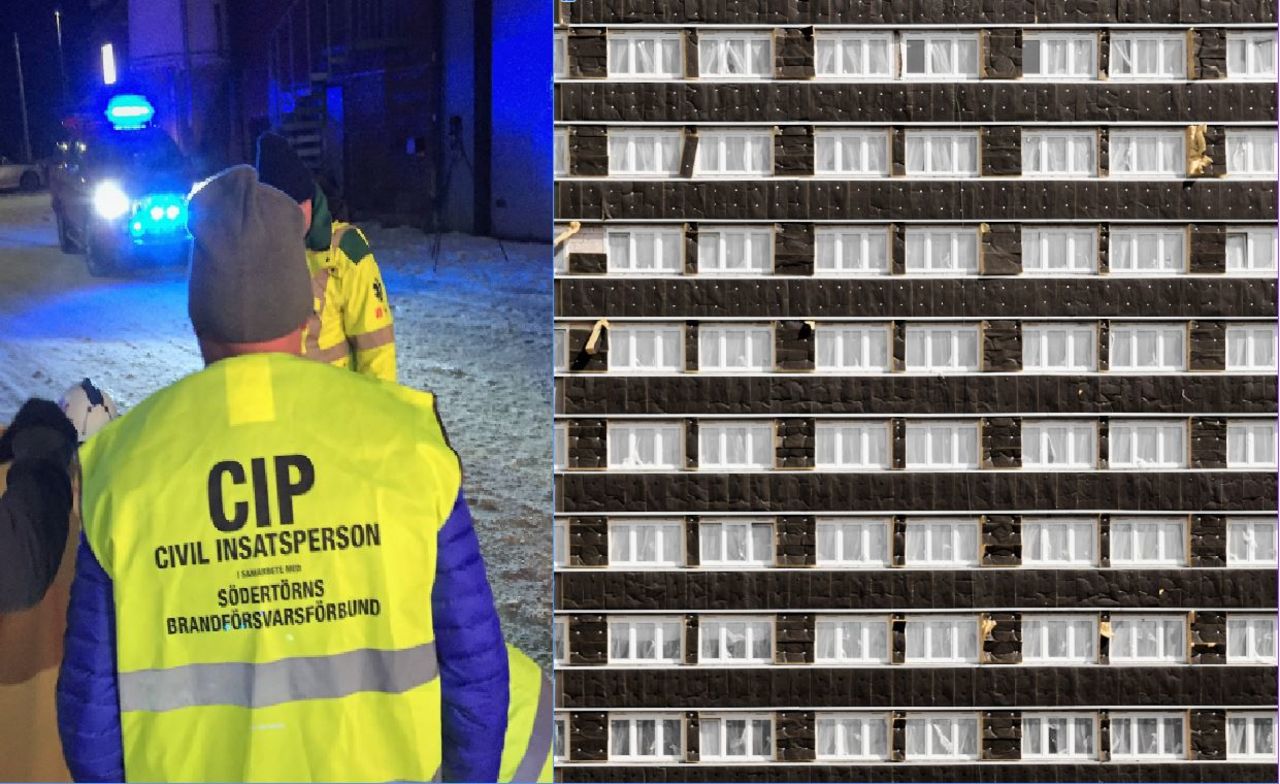 collage med bild på räddningsarbete och bostadshus
