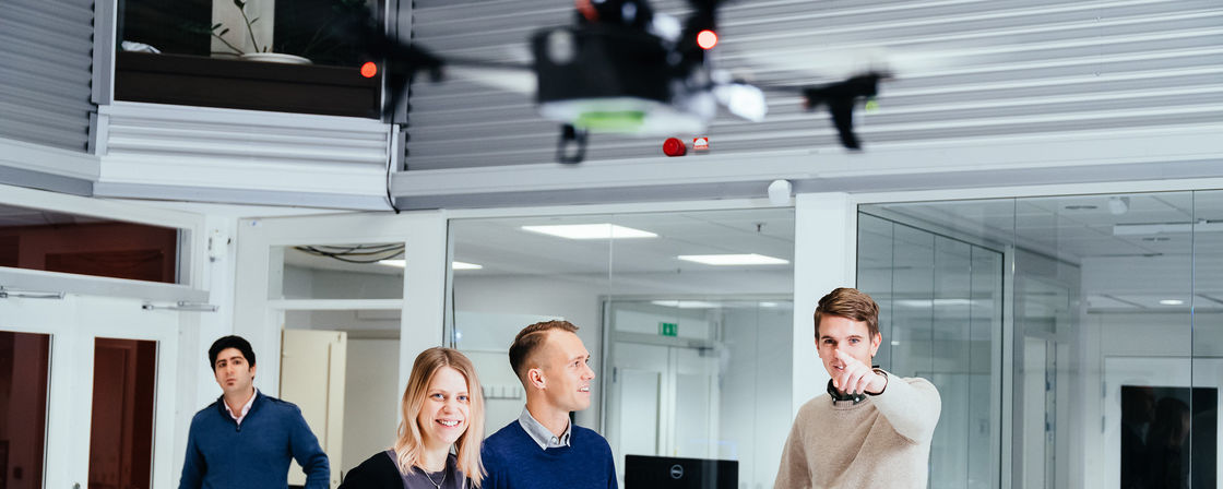 A drone is flying indoors during a test