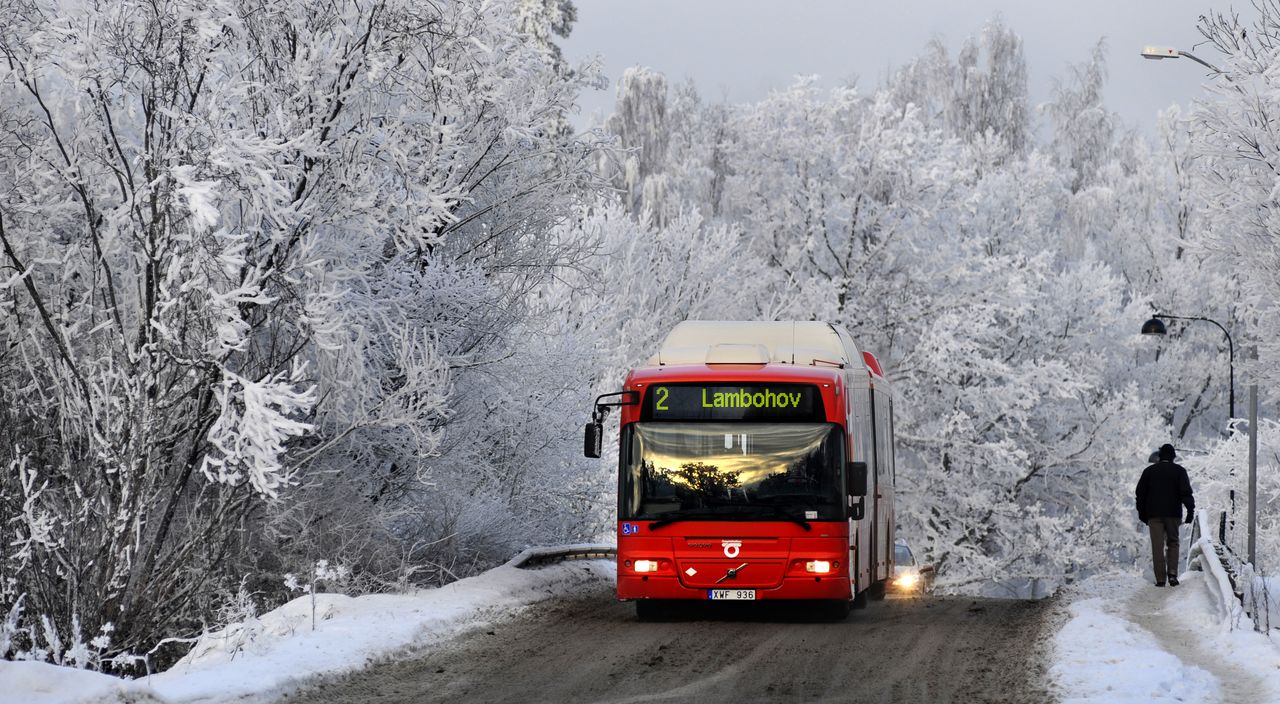 Buss i vinterlandskap.