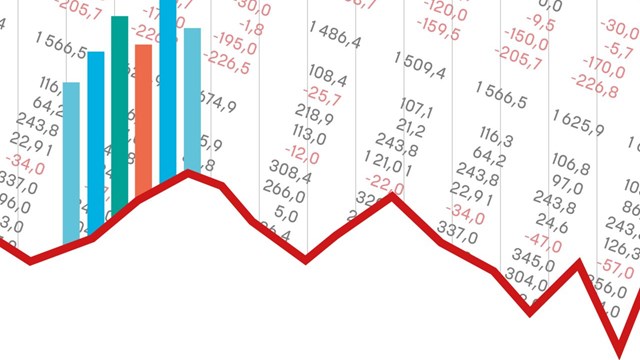 Grafisk bild med diagramkurva som går upp och ner samt svarta och röda siffror