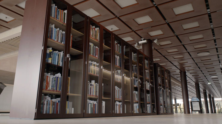 Book cabinets painted in Studenthuset's red colour.