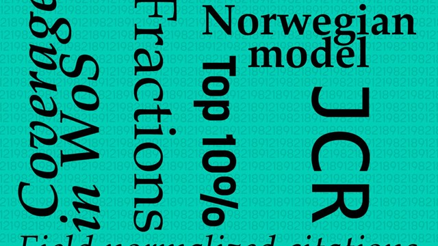Bibliometric terms, for example Norwegian model, Top 10% and JCR, with a background with numbers.