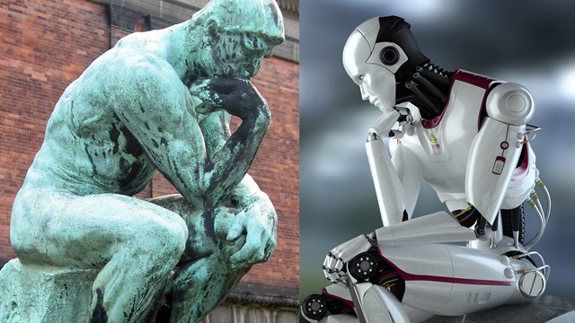 Auguste Rodins sculpture Tänkaren and a thinking female robot