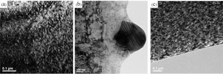 TEM bright field images showing the heterogeneous precipitates at different locations: (a) 10 µm, (b) 50 µm and (c) 1.5 cm from the top surface of EBM IN718 sample.