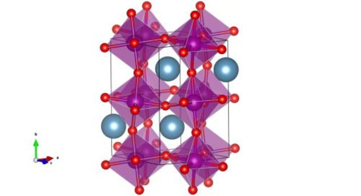 The orthorhombic perovskite-like crystal structure of CaMnO3. Red, purple and light blue spheres represents O, Mn and Ca ions, respectively.