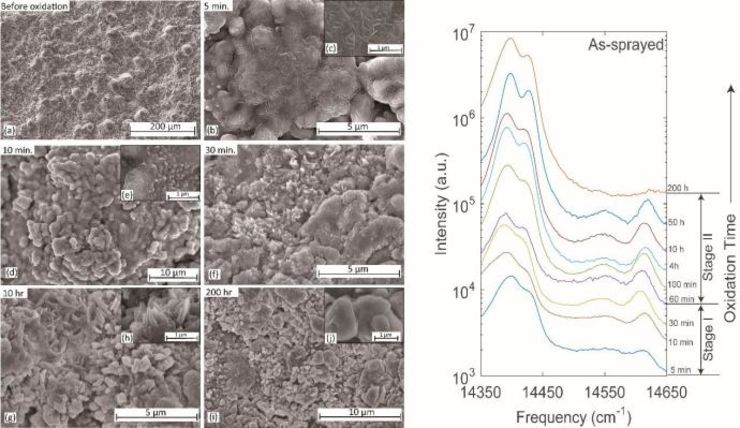 SEM images of alumina scales evolution for different oxidation time on MCrAlY coating surface (left) and the corresponding PSLS results (right).