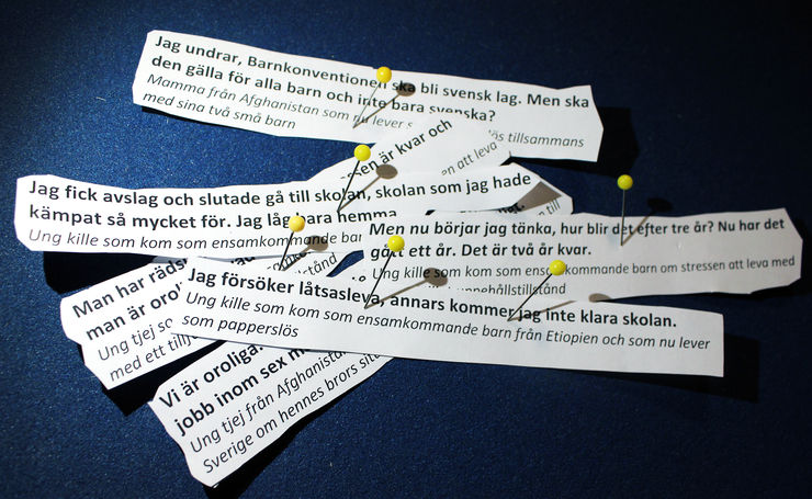 Photo of texted stories from asylum seekers in Sweden.