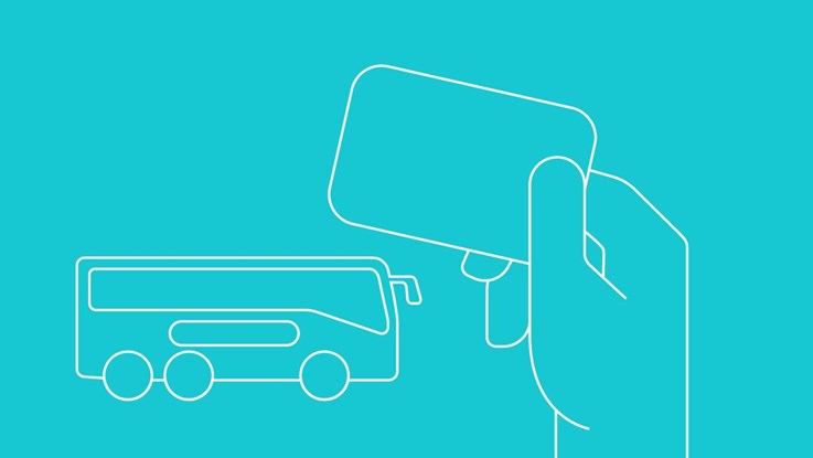 Illustration of a hand holding a ticket with a bus in the backgruound
