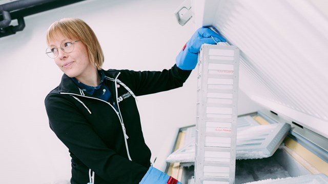 Emma Ridell, forskningskoordinator på biobanken på Campus US, öppnar en av frysarna.