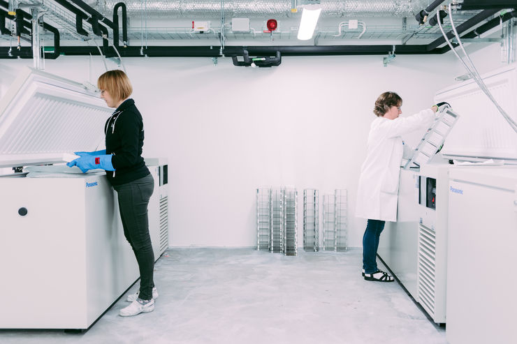 Two people working at minus 150° freezers