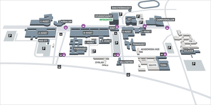 Färdväg och hållplatser på Campus Valla för autonoma bussarna. 