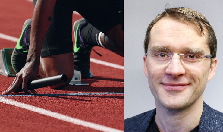Photo montage, athletic runner and the scientist Jörg Schilcher